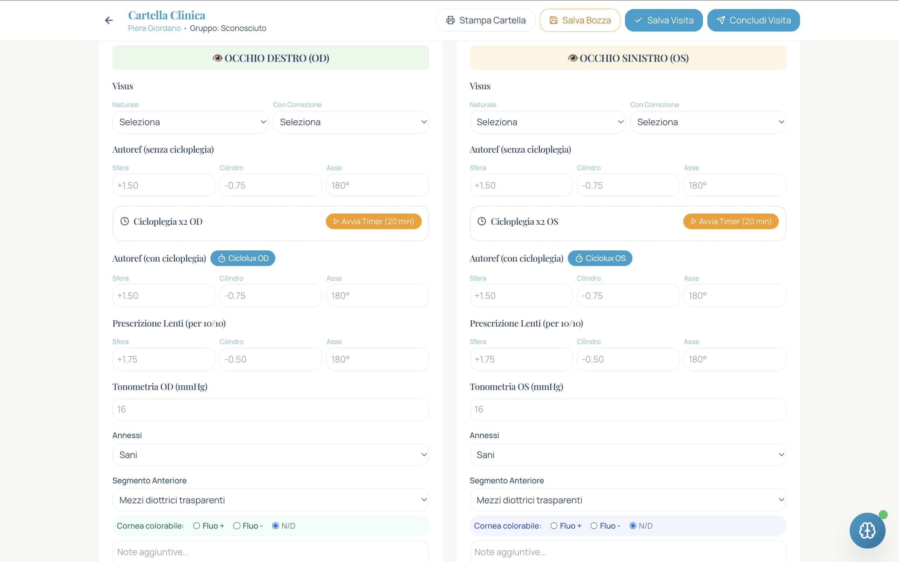 Cartella clinica Prime Vision — OD/OS, Visus, Autoref, Tonometria